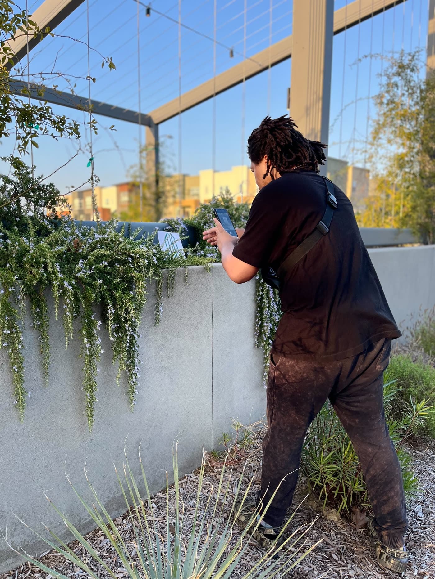 Anthony Boyd photographing plants in an urban garden, locs gathered, black shirt and crossbody bag.