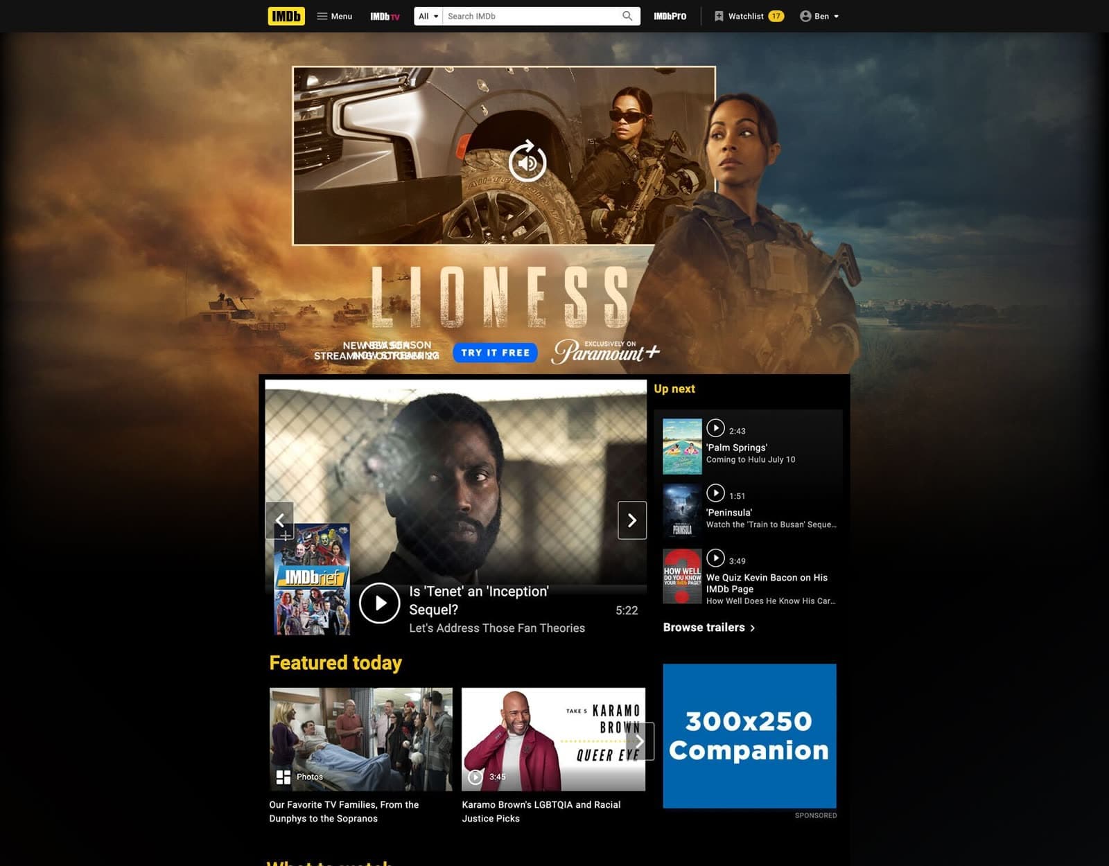 IMDb homepage takeover for Lioness with Try it free and a video carousel.
