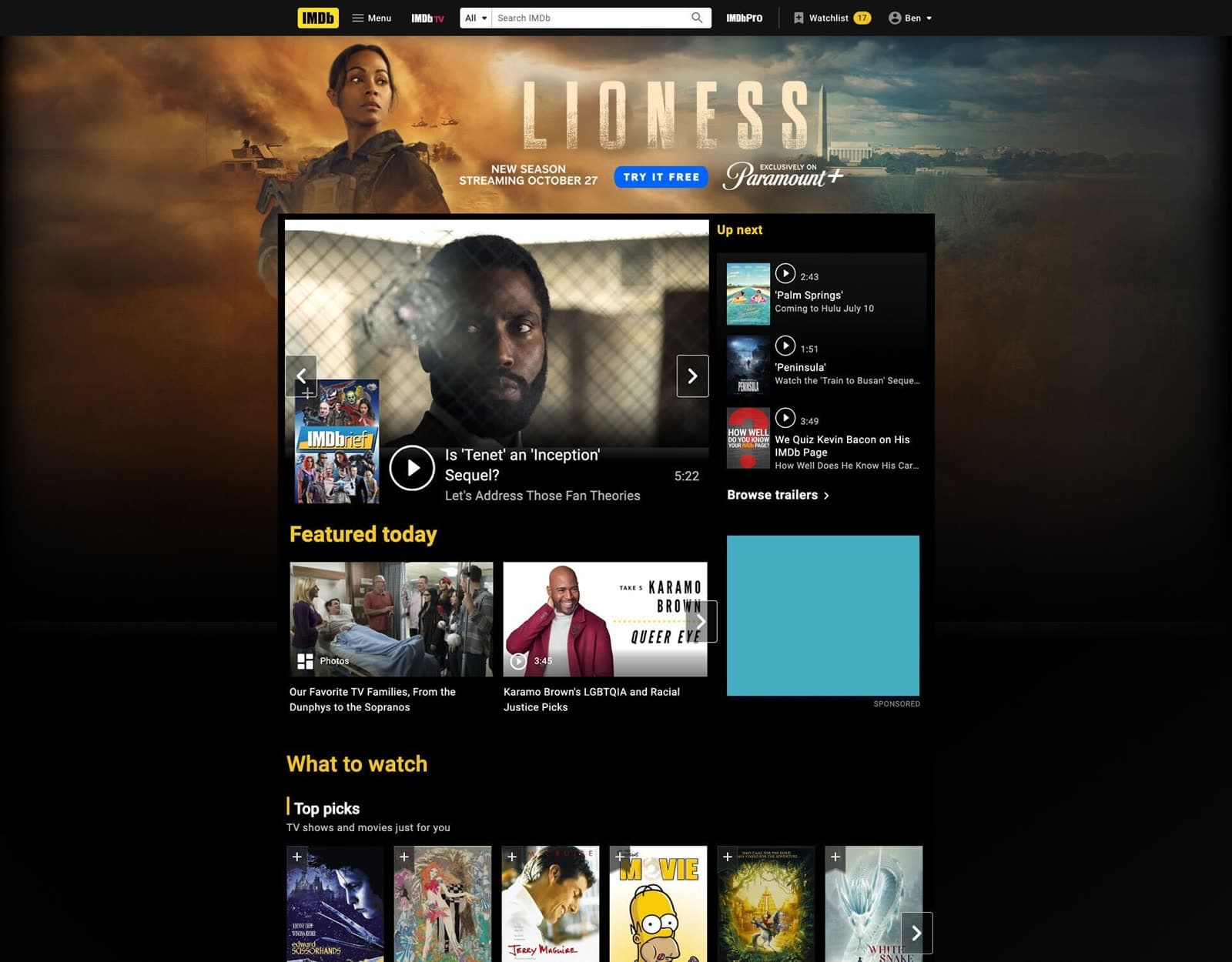 IMDb Lioness unit with featured today modules and what to watch.