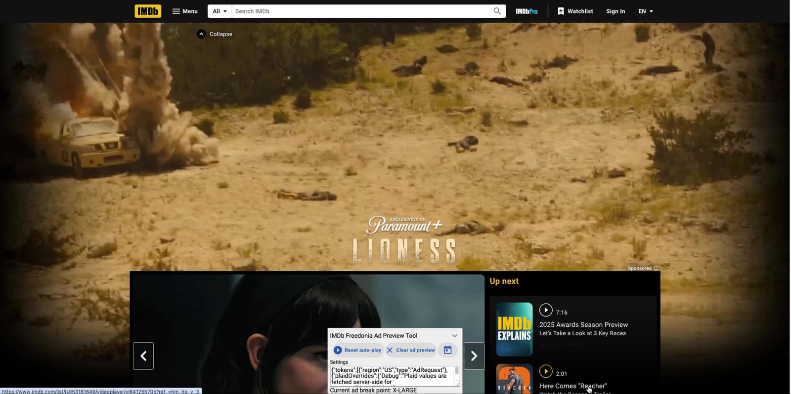Live preview of the Lioness IMDb video wall including the ad preview tool.