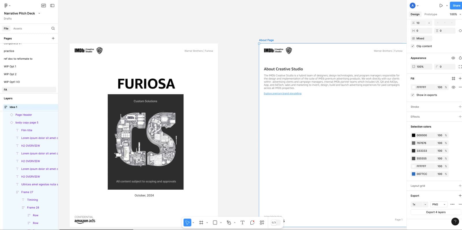 Figma Narrative Pitch Deck with Furiosa Custom Solutions frames and component pages.