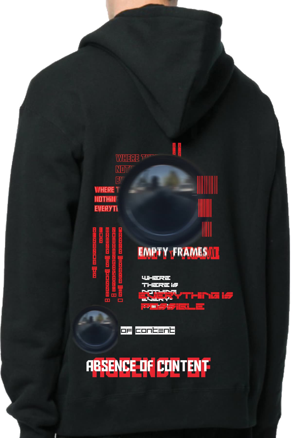 Back of a black hoodie with a red-and-white glitch graphic reading Absence of Content and Empty Frames.