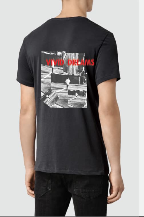 Black t-shirt with a grayscale photo collage and red Vivid Dreams lettering.
