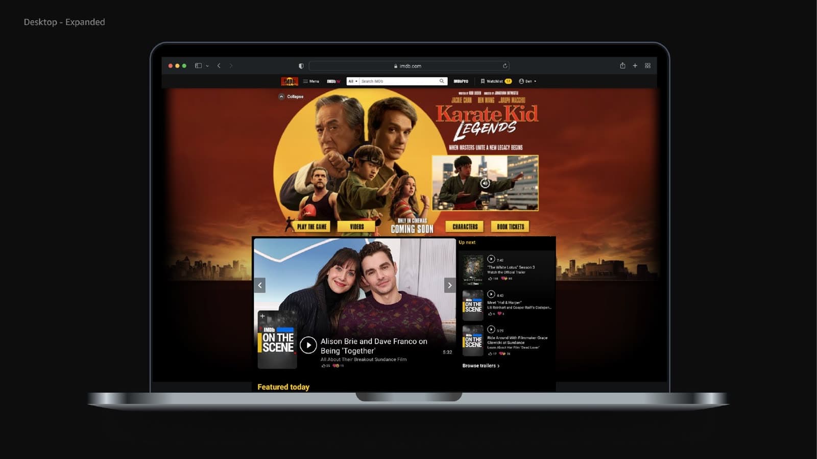 Original April 2025 desktop concept: expanded IMDb Video Wall+ for Karate Kid: Legends above the homepage video rail.