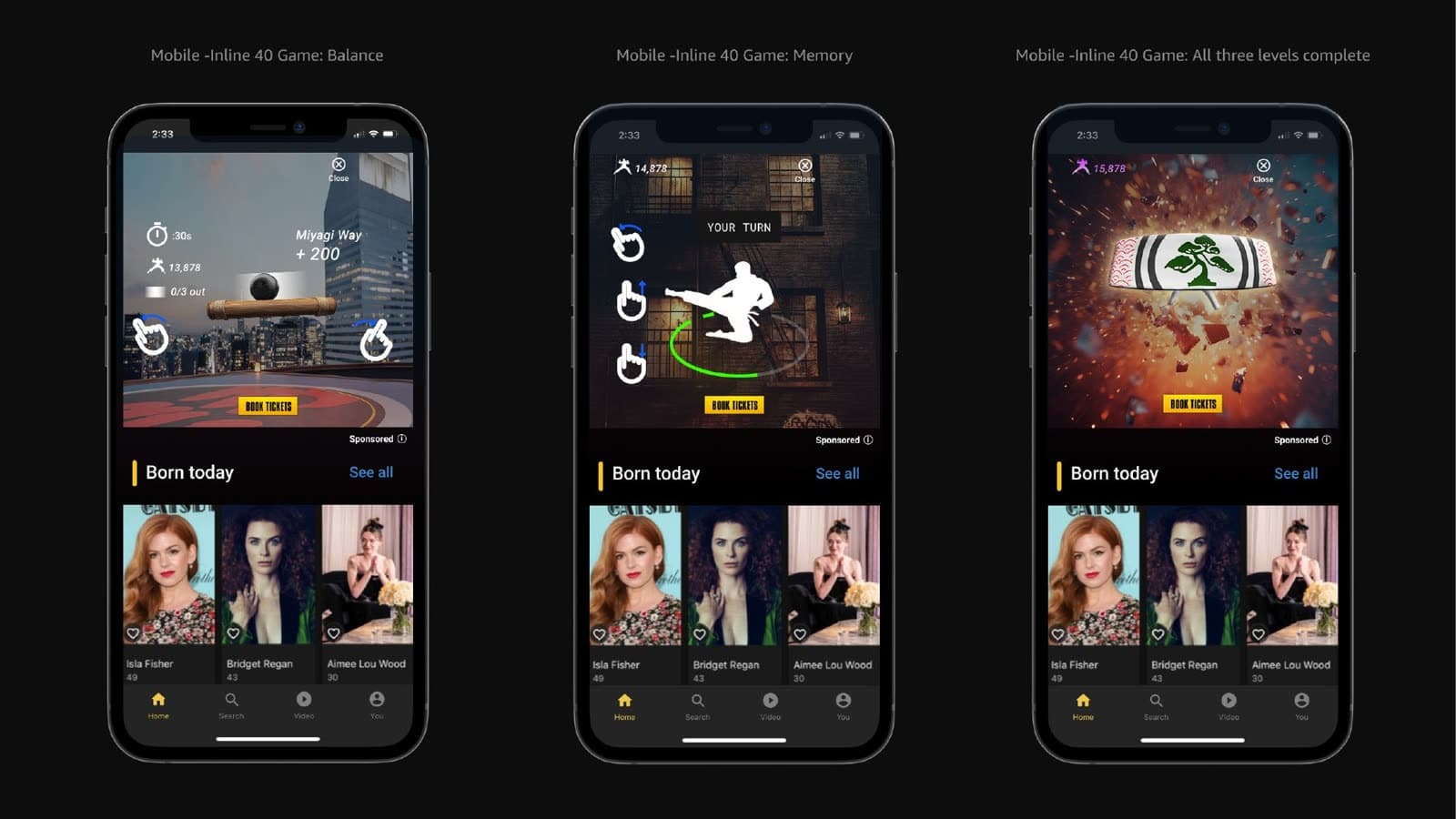 Mobile Video Wall+: Balance, Memory, and the all-three-complete reward on stacked phone frames.