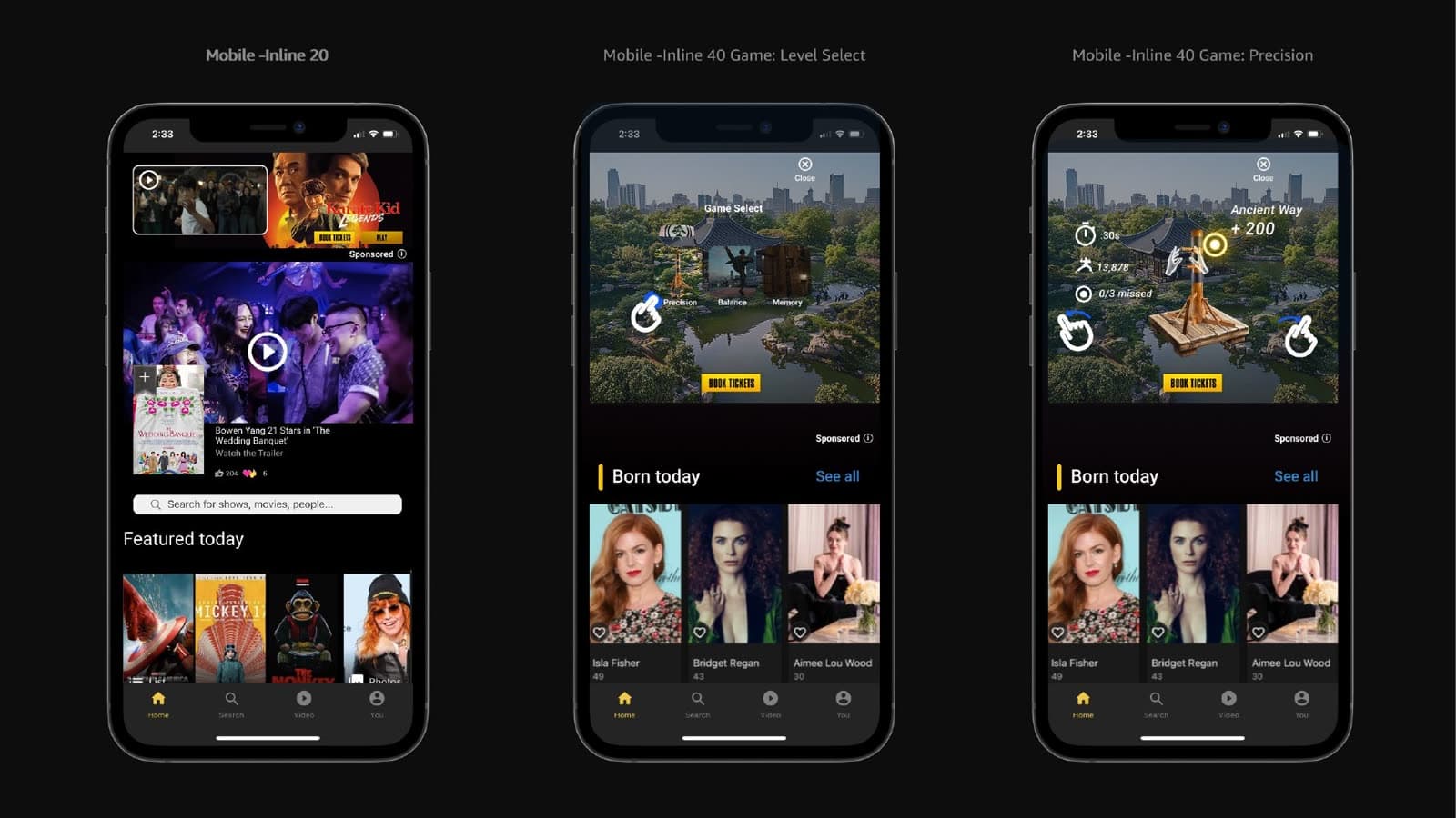 Mobile Video Wall+: inline sponsored unit, game select, and Precision with thumb-side controls.