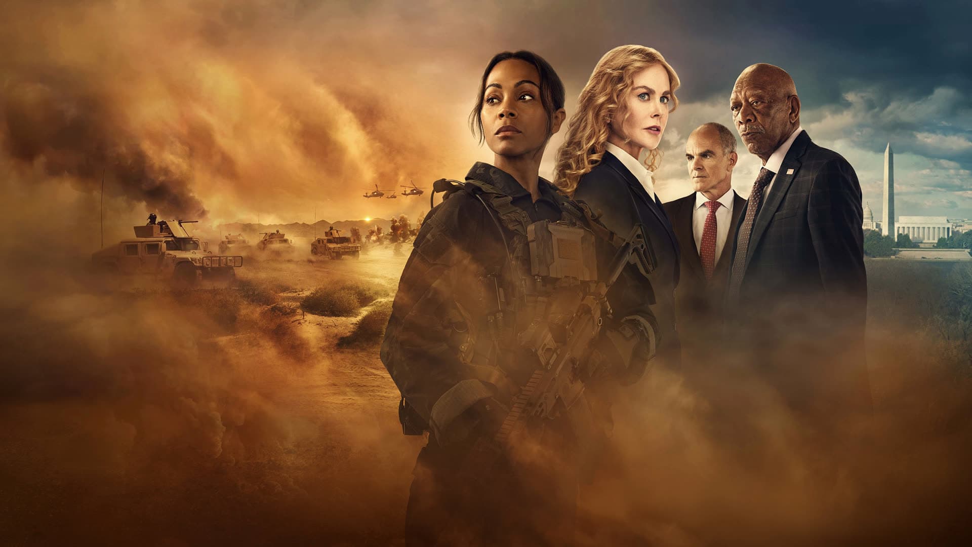 Promotional still for Lioness with Zoe Saldaña in tactical gear against a desert and D.C. skyline.