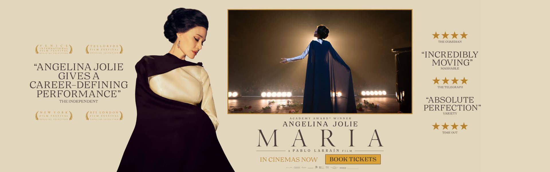 Maria campaign banner with Angelina Jolie, festival laurels, reviews, and a Book Tickets action.