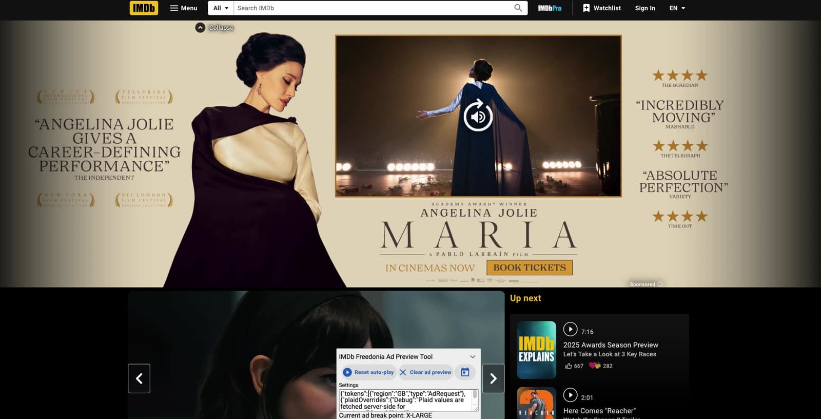 IMDb homepage video wall for StudioCanal Maria with Book Tickets and the ad preview tool.