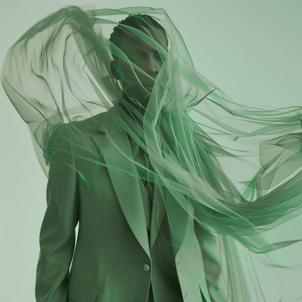 Fashion portrait of Anthony Boyd in a sage blazer, wrapped in translucent green mesh.