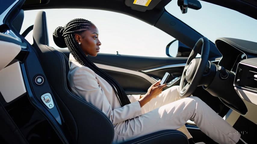 A woman with braided hair in a light suit sits in a modern car, looking at a phone.