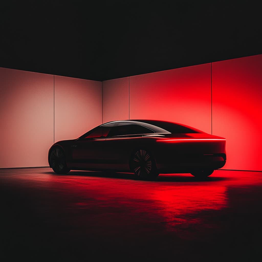 Dark studio rendering of a sleek electric sedan lit by a red taillight glow.